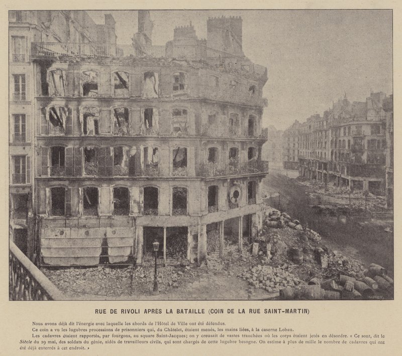 Paris-kommunen, Rue De Rivoli etter slaget, hjørnet av Rue Saint-Martin (s/hvitt-bilde) av French Photographer