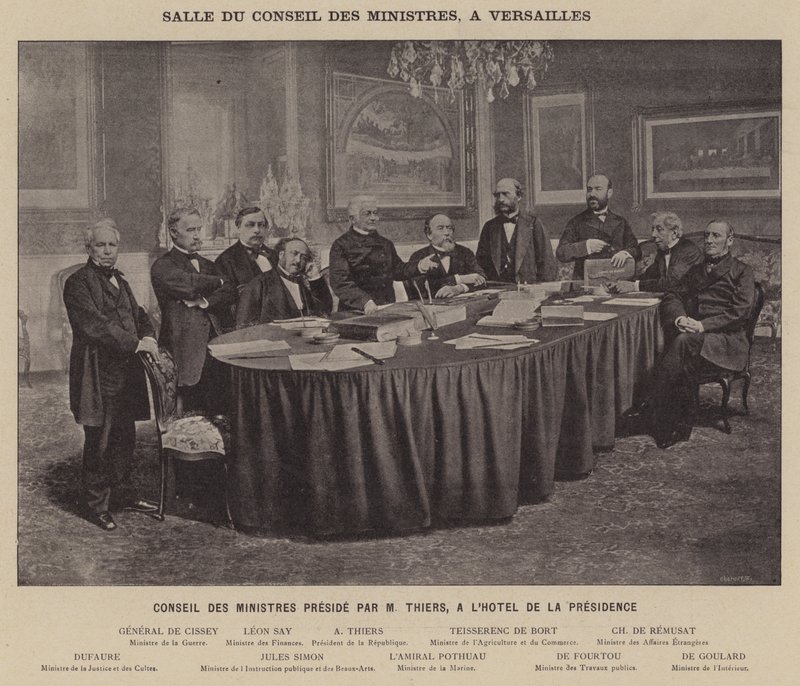 Kommunen i Paris, Ministerrådets sal, i Versailles, Ministerrådet ledet av M Thiers, på Hotel De La Presidence (s/hvitt-bilde) av French Photographer