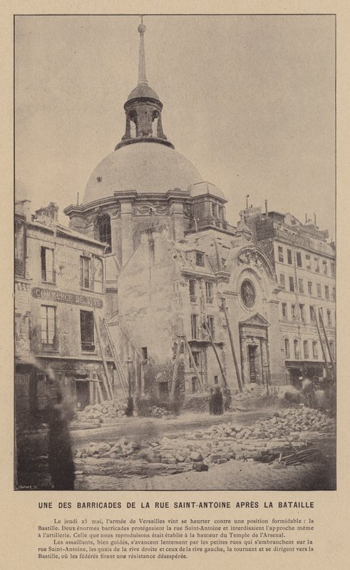 Paris-kommunen, en av barrikadene på Rue Saint-Antoine etter slaget (s/hv-bilde) av French Photographer