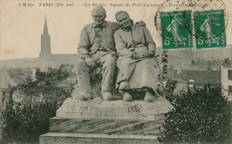 Le Declin (Forfallet), statue på Square du Pere Lachaise, Paris, av Clement Leopold Steiner. Postkort sendt i 1913. av French Photographer