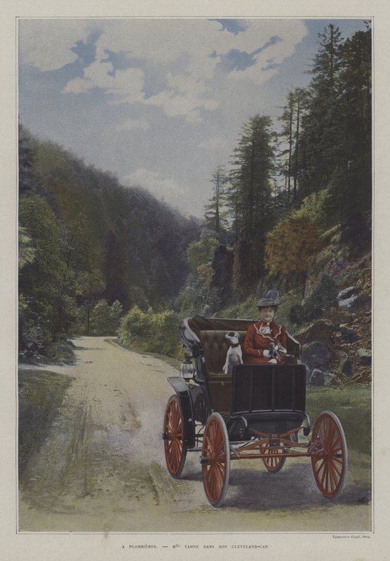 Mademoiselle Yahne i sin Cleveland-bil i Plombieres-les-Bains, Frankrike (fargebilde) av French Photographer