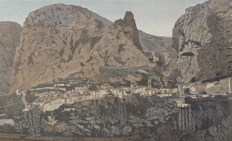 Moustiers-Sainte-Marie, generell utsikt og Notre-Dame de Beauvoir-kapellet av French Photographer