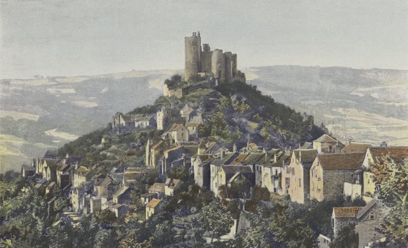 Najac, generell utsikt over byen og slottet av French Photographer
