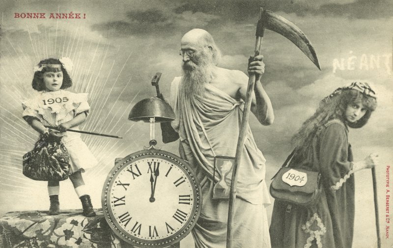 Nyttårskort med Father Time (s/hvitt bilde) av French Photographer