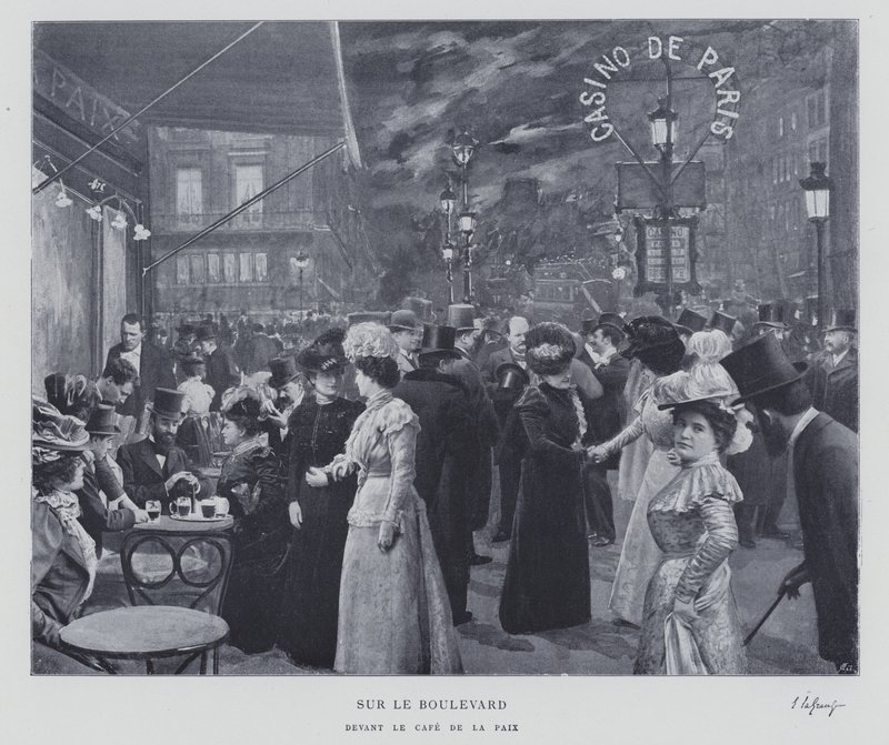 På boulevarden utenfor Cafe de la Paix, Paris (s/hvitt bilde) av French Photographer