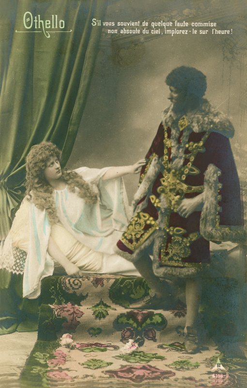 Othello med Desdemona. Scene fra William Shakespeares tragiske skuespill skrevet rundt 1603. Postkort sendt i 1913. av French Photographer