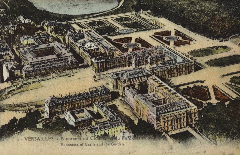 Panoramautsikt over slottet og hagene i Versailles (fargebilde) av French Photographer