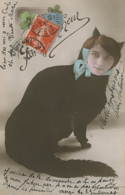Postkort av en katt med en kvinnes ansikt, sendt i 1913 av French Photographer