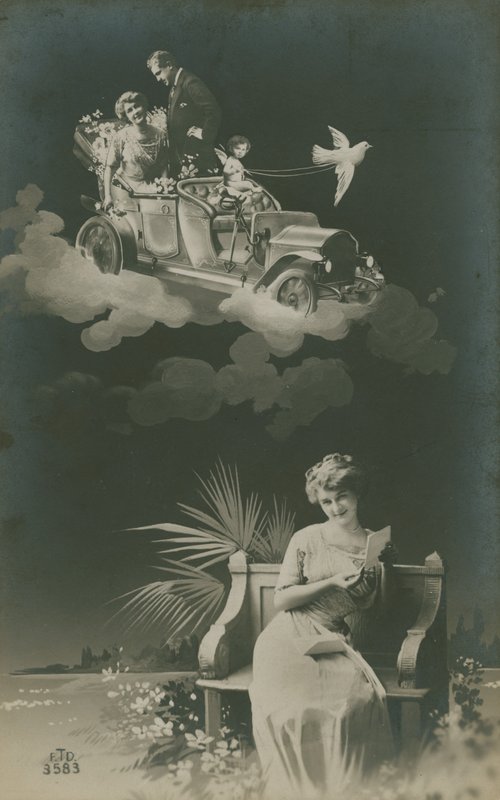 Postkort av en ung kvinne som leser et brev og dagdrømmer om ekteskap, sendt i 1913 av French Photographer