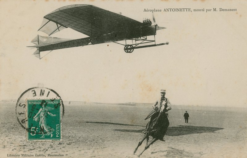 Postkort av et Antoinette-fly fløyet av M. Demanest, sendt i 1913 av French Photographer