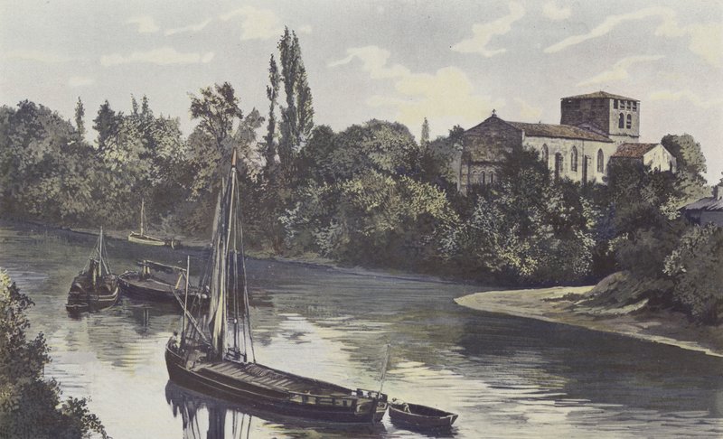 Saint-Denis-de-Piles, kirke, sammen på bredden av Isle av French Photographer