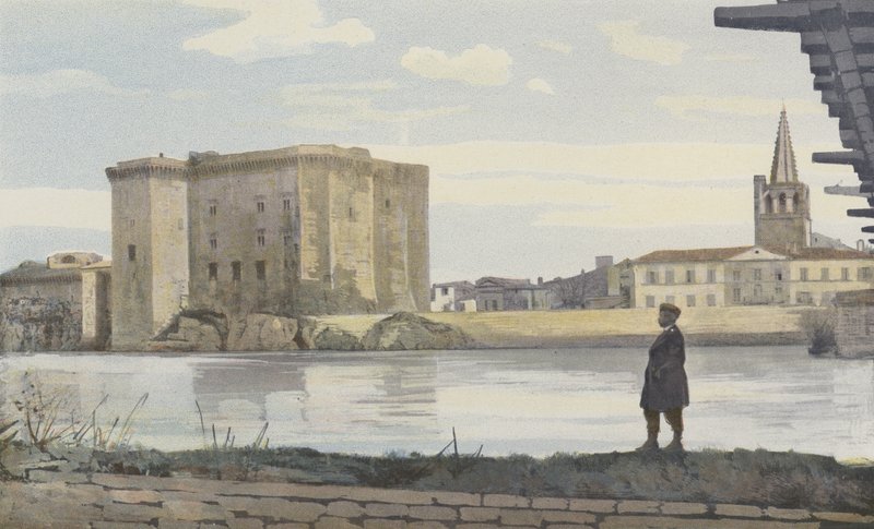 Tarascon, Chateau, klokketårnet til Sainte-Marthe-kirken og hengebro over Rhône av French Photographer