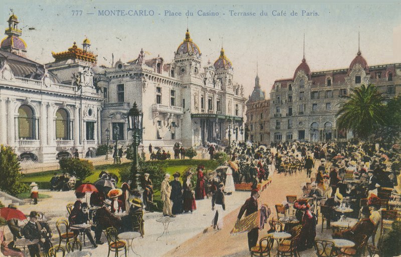 Terrasse til Cafe de Paris, Place du Casino, Monte Carlo. Postkort sendt i 1913. av French Photographer