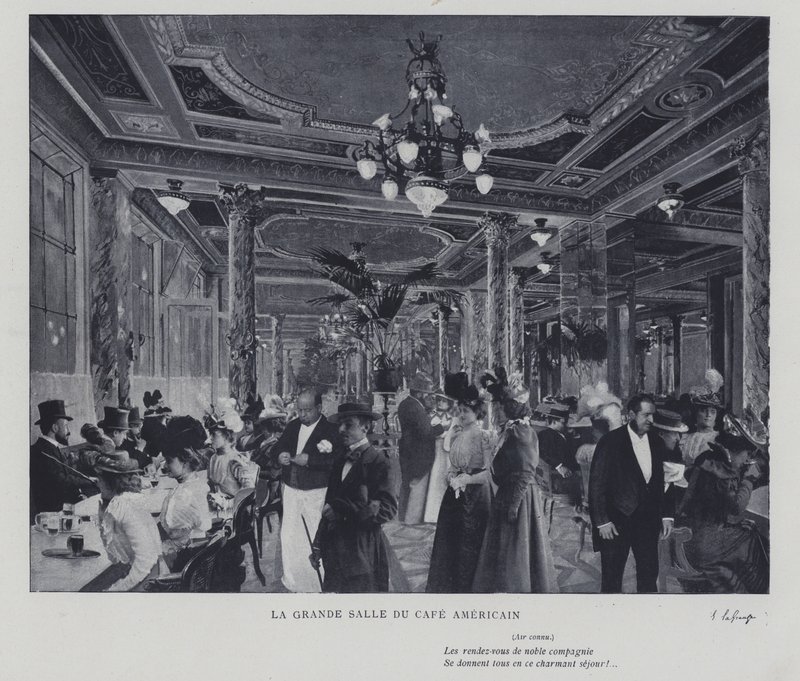 Den store salen til Cafe Americain, Paris (s/hvitt-bilde) av French Photographer