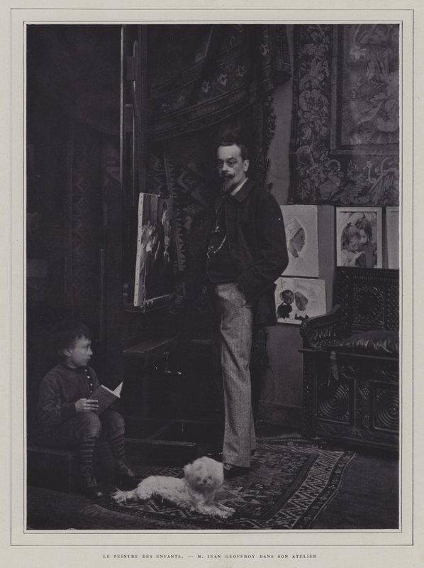 Maleren av barn: den franske kunstneren Jean Geoffroy i atelieret hans (s/hv-bilde) av French Photographer
