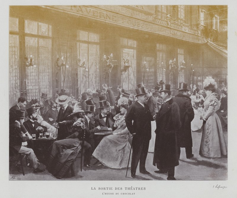 Teatergjengere utenfor Taverne Pousset i Paris etter en forestilling (s/hv-bilde) av French Photographer