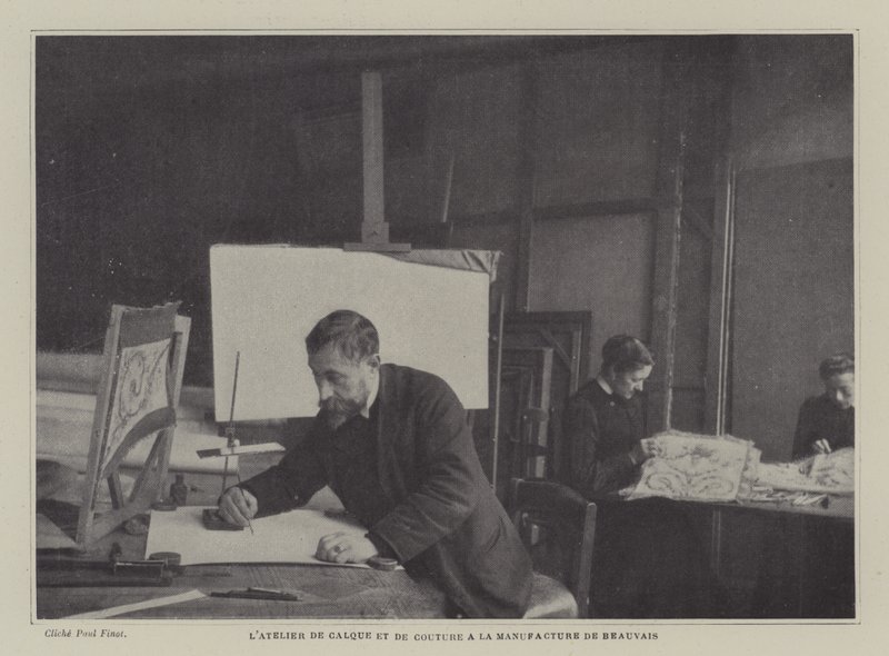 Sporings- og syverksted ved Beauvais Tapestry Manufacture, Frankrike (s/hvitt-bilde) av French Photographer