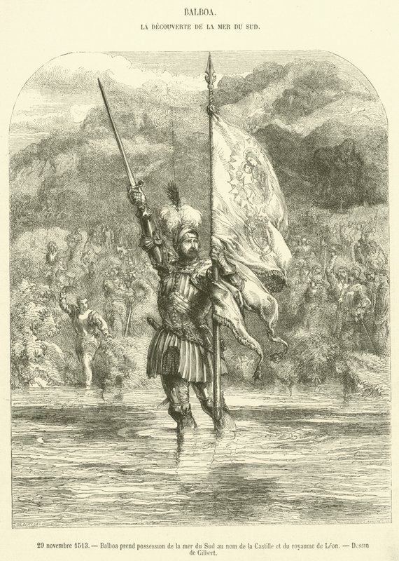 29. november 1513 tar Balboa Sørhavet i besittelse i navnet Castilla og kongeriket Leon (gravering) av French School