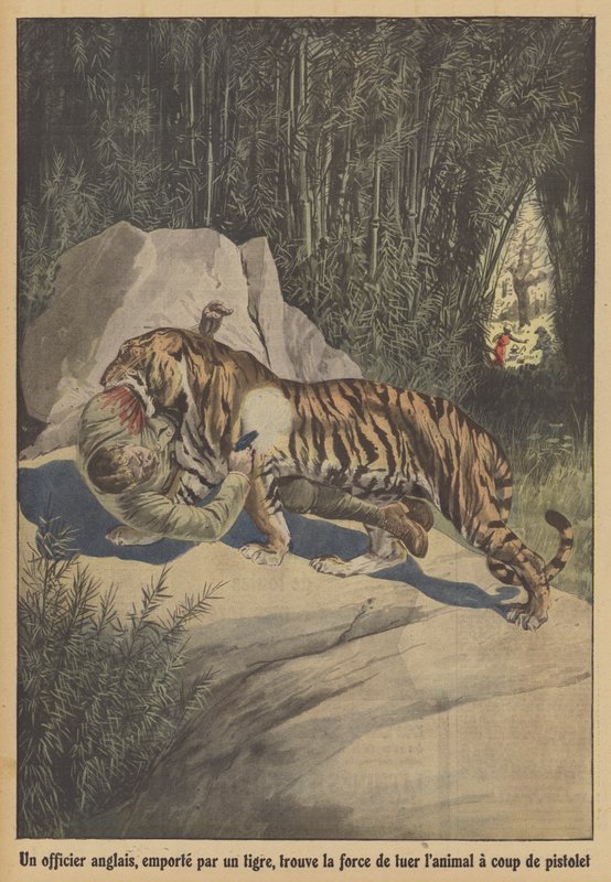 En britisk offiser, båret av en tiger, finner styrken til å drepe dyret med pistolen sin (farge litho) av French School