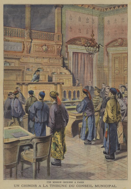 Et kinesisk oppdrag til Paris: en av de kinesiske delegatene ved podiet til byrådet (farge litho) av French School