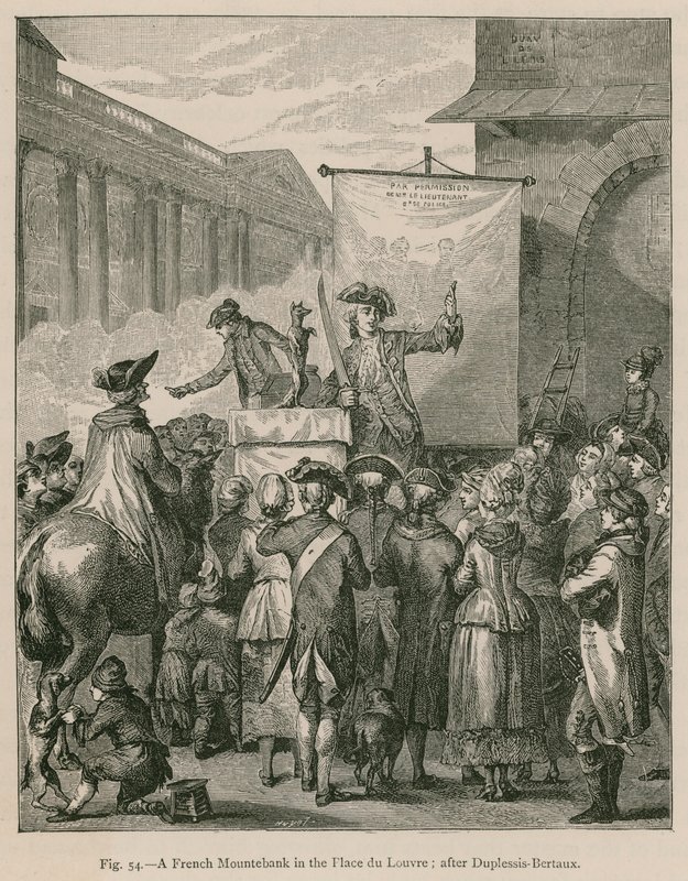 En fransk Mountebank på Place du Louvre; etter Duplessis-Bertaux av French School