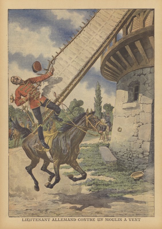 En tysk kavaleriløytnant drept etter at han ble løftet av hesten ved seilet til en vindmølle (farge litho) av French School
