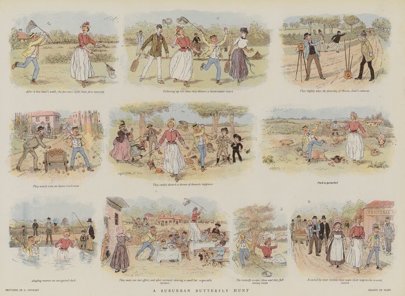 En forstads sommerfugljakt (chromolitho) av French School