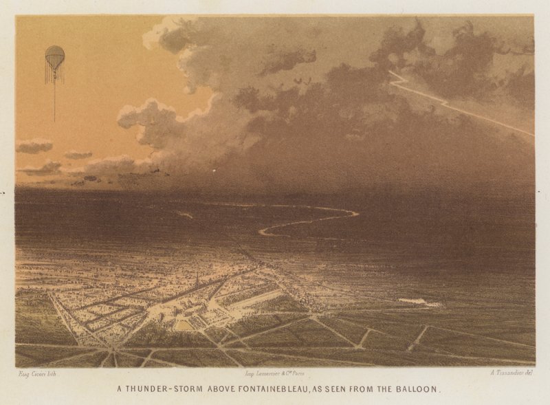 Et tordenvær over Fontainebleau, sett fra ballongen (fargelitografi) av French School