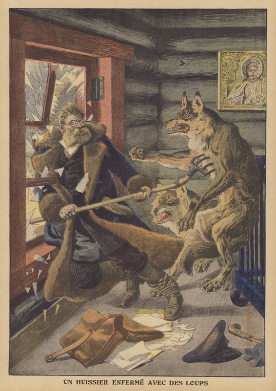 En namsmann innelåst med ulver i Russland (farge litho) av French School