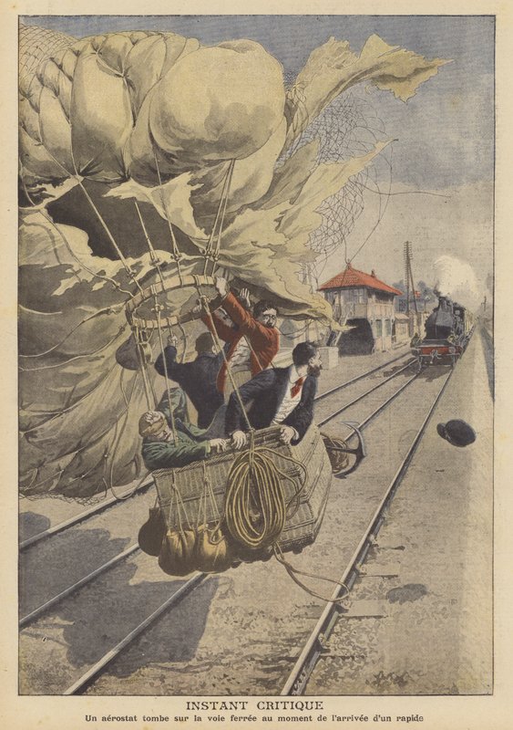 En ballong som lander på en jernbanelinje i banen til et ekspresstog som nærmer seg (farge litho) av French School