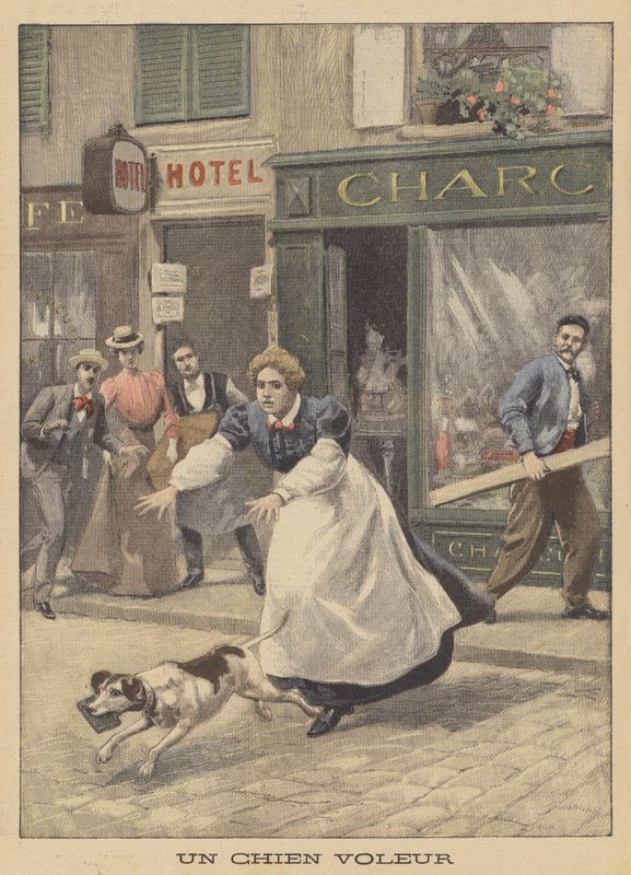 En hundetyv (farge litho) av French School