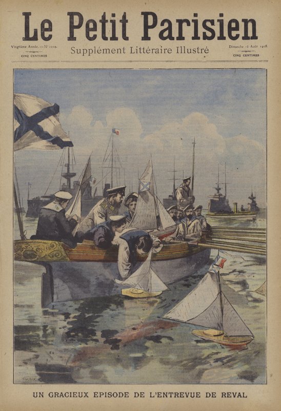 En sjarmerende episode under den franske presidentens møte med tsar Nicholas II på Revel (farge litho) av French School
