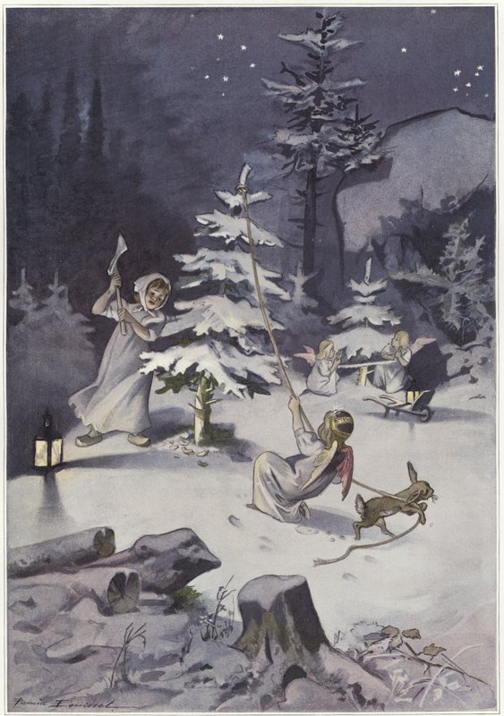 En kjerub bruker en øks mens de hogger et juletre av French School