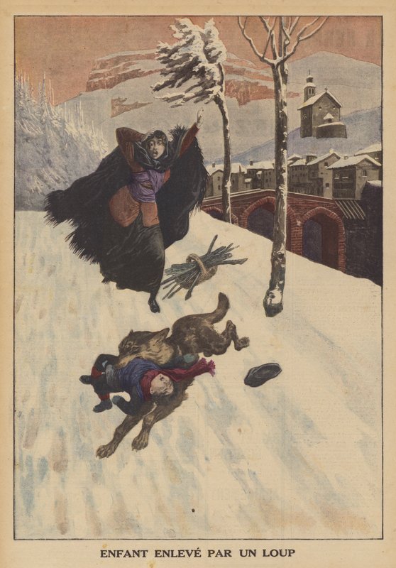 Et barn båret av en ulv (farge litho) av French School