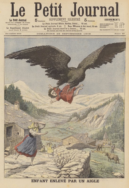 Et barn båret av en ørn i de italienske alpene (farge litho) av French School