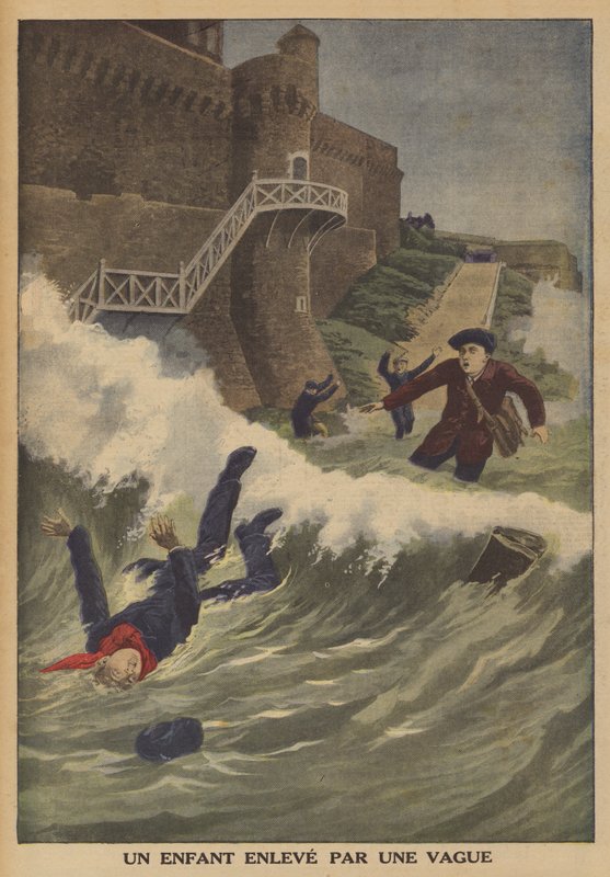 Et barn revet med av en bølge (farge litho) av French School