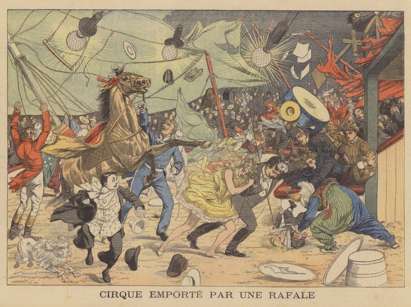 Et sirkustelt ført bort av et vindkast (fargelitografi) av French School