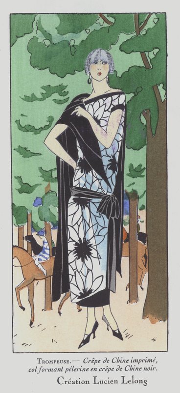 En dag på løpene - damemote fra 1920-tallet av designer Lucien Lelong (fargelitografi) av French School