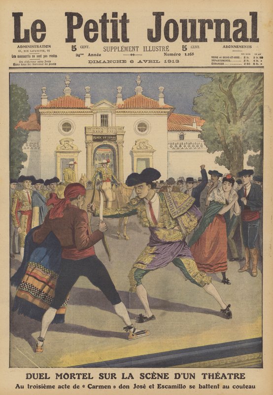 En dødelig duell på scenen til et teater i Spania (farge litho) av French School