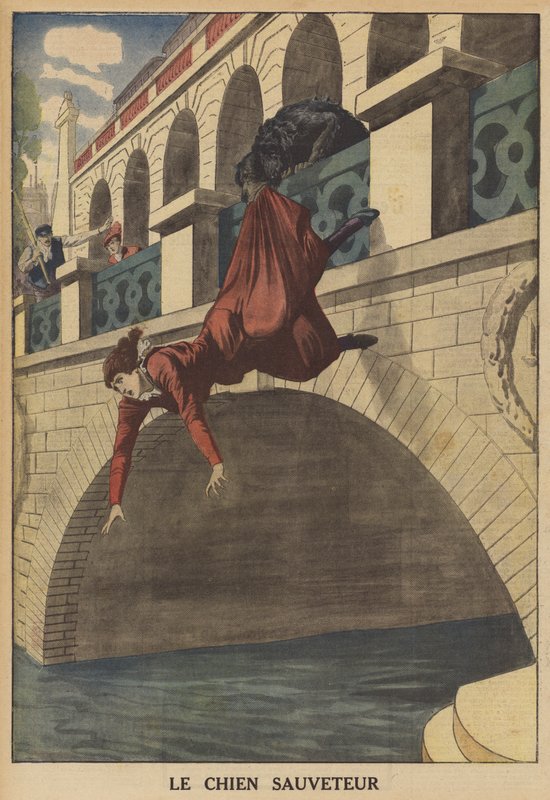 En hund redder en kvinne fra å falle fra en bro (farge litho) av French School