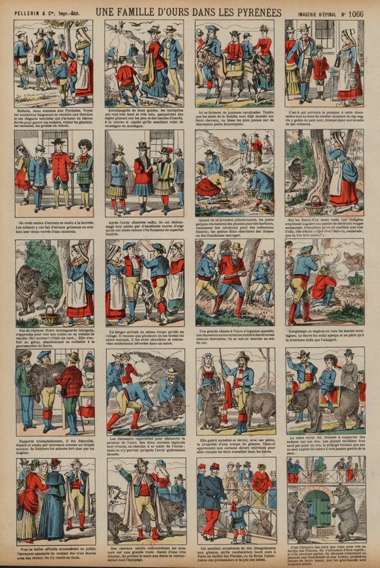 En familie av bjørner i Pyreneene (farget gravering) av French School