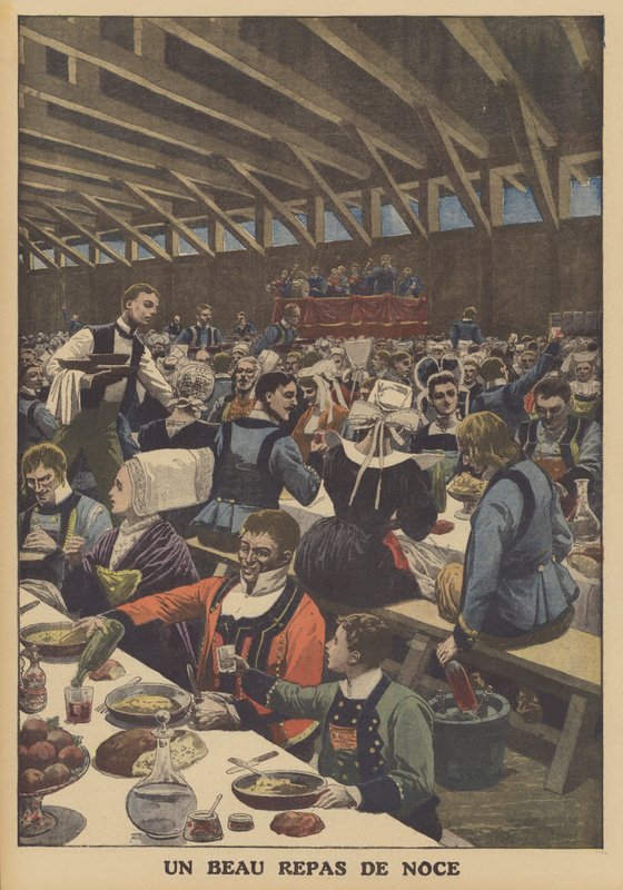 En fin bryllupsfest i Bretagne (farge litho) av French School