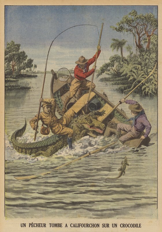En fisker faller over en krokodille etter at den kantret båten hans (farge litho) av French School