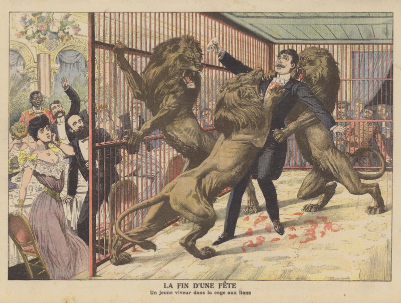 En tåpelig ung mann angrepet av løver etter å ha gått inn i buret deres (farge litho) av French School