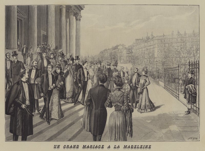 Et storslått bryllup i kirken La Madeleine, Paris (litho) av French School