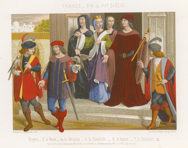 En gruppe mennesker i moter fra 1400-tallet av French School