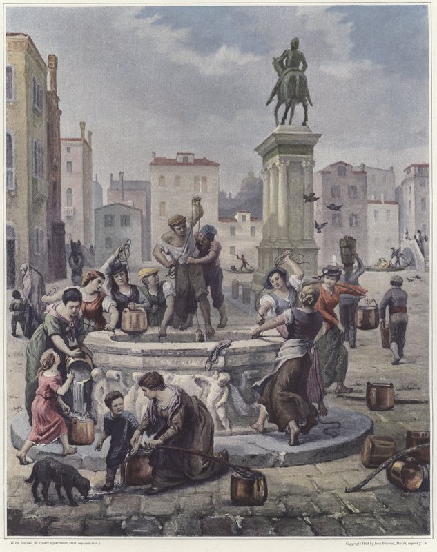 En gruppe kvinner samler vann fra en brønn i Venezia av French School