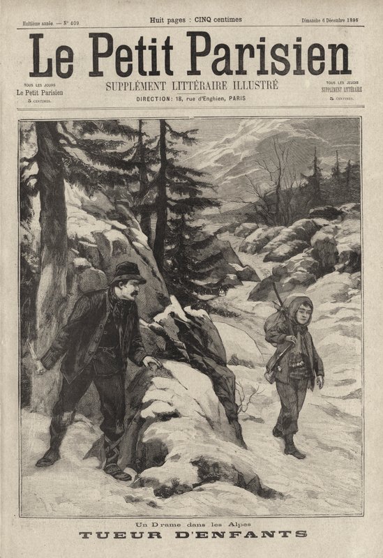 En morder av barn i Alpene: en italiensk mann som venter på å drepe en gutt han hadde sagt ja til å hjelpe til med å krysse det snødekte passet til Col de l'Argentiere for å komme hjem fra Frankrike (gravering) av French School