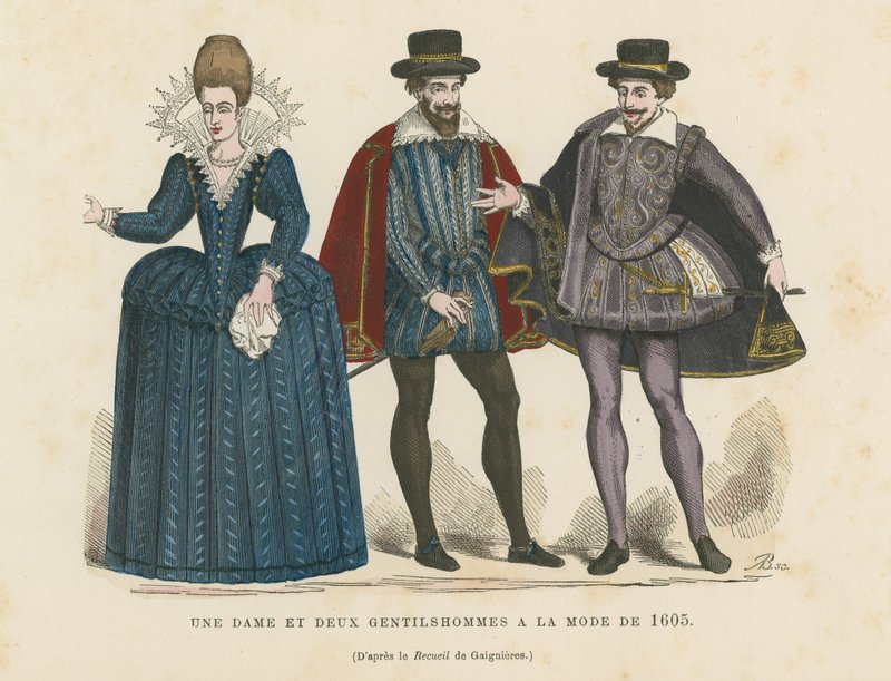 En dame og to herrer i moten fra 1605 av French School