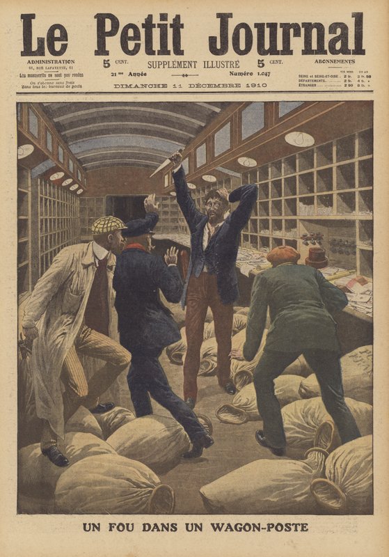 En galning i en postvogn på et tog som ankommer Paris (farge litho) av French School
